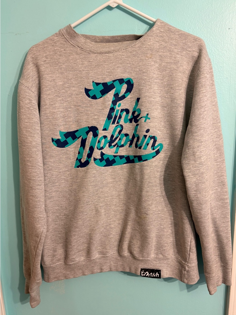 Pink Dolphin Grey Crewneck Sweatshirt with Teal & Navy Script Logo size M